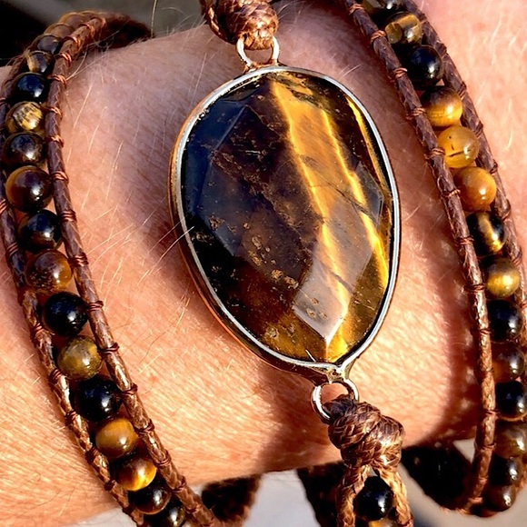 "LAST ONE" NEW Tiger's Eye Leather Layer Wrap Boho Beaded Silver Flower Closure - Picture 3 of 8